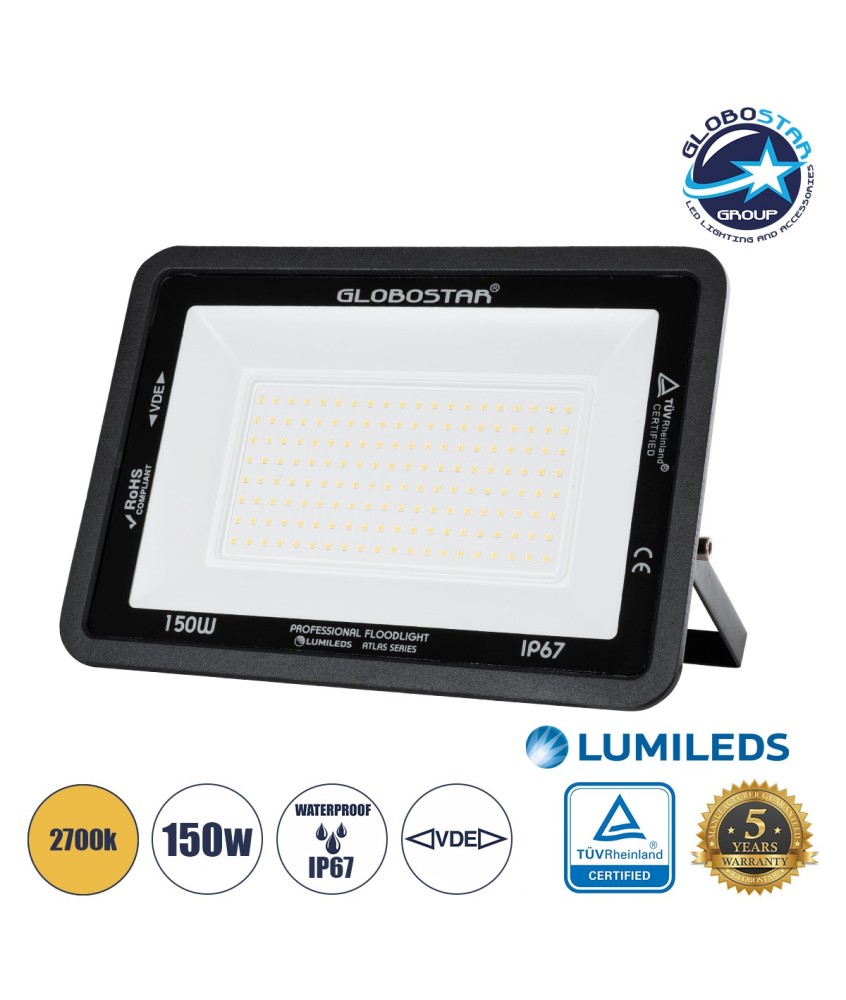 GLOBOSTAR® ATLAS 61430 Προβολέας LED 150W 17250lm 120° AC 220-240V Αδιάβροχο IP67 Θερμό Λευκό 2700K - Lumileds SMD Chip - TÜV Rheinland Certified - Μαύρο Ματ - Μ32 x Π4 x Υ23cm - 5 Χρόνια Εγγύηση